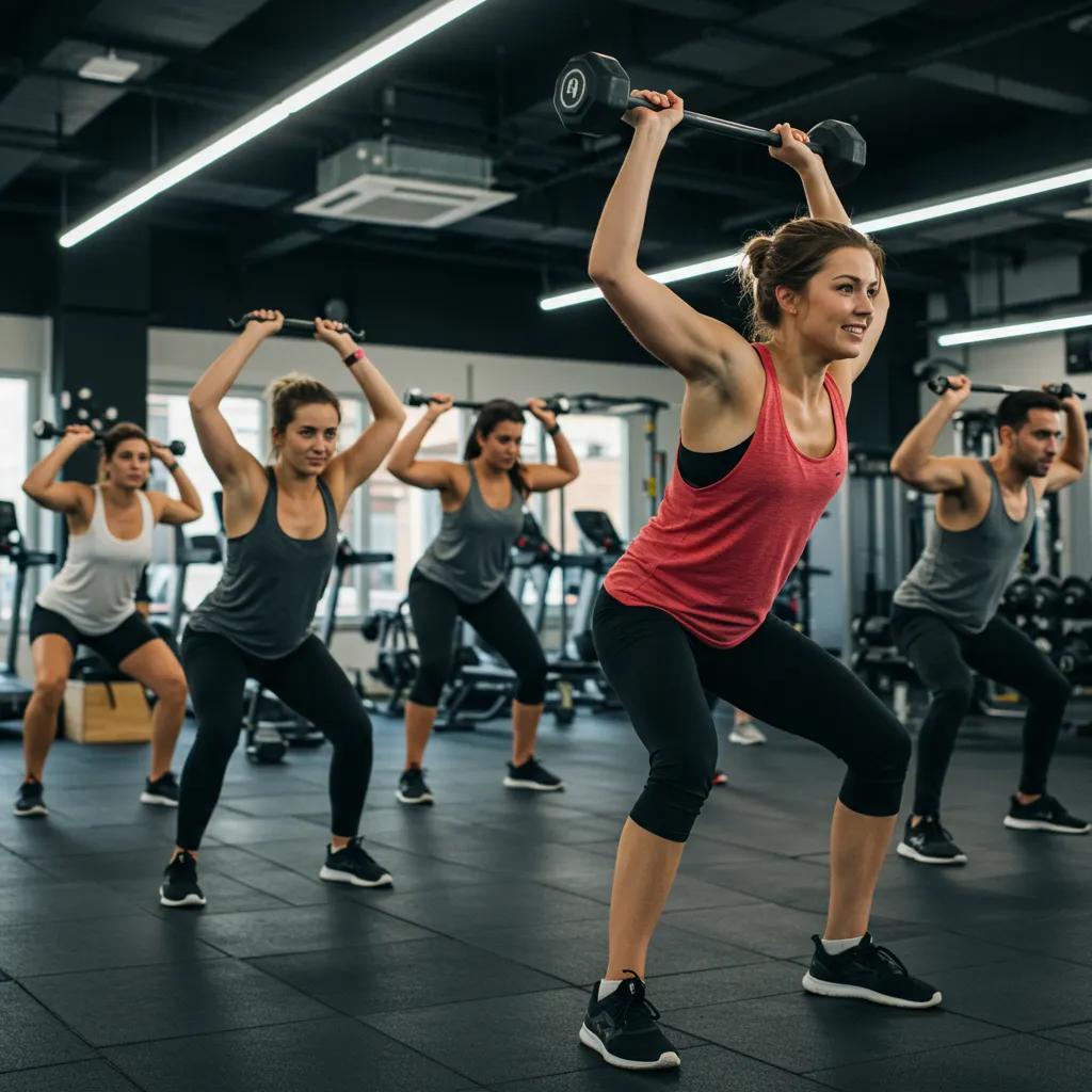 Group of diverse individuals engaged in a strength training class in a modern gym, showcasing community and fitness
