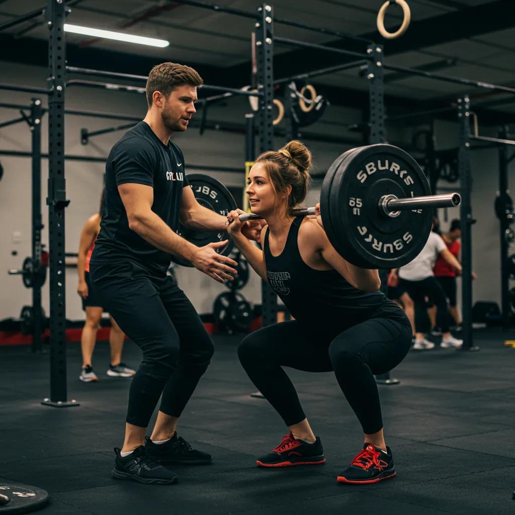 Personal trainer assisting a client with a compound lift in a gym, emphasizing proper technique and coaching