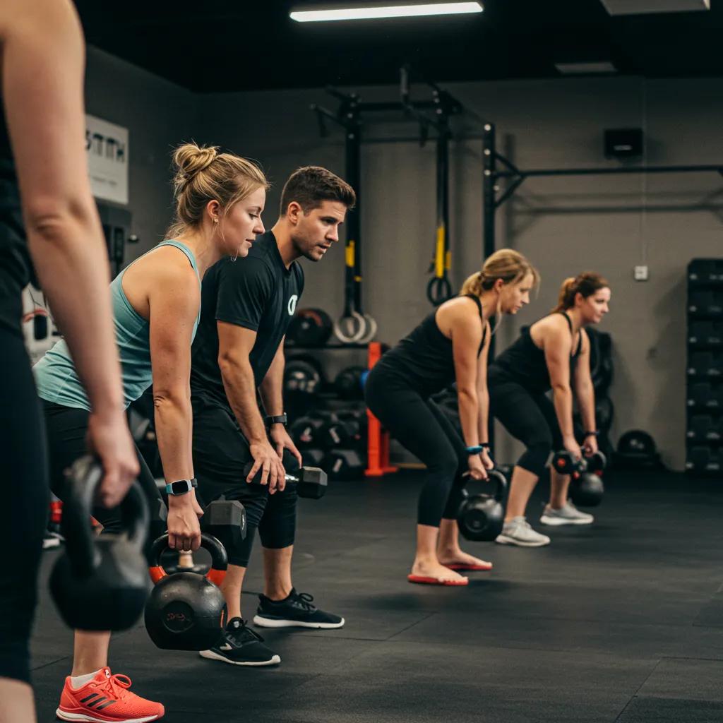 Personal trainer assisting participants in a strength training class, highlighting coaching and technique