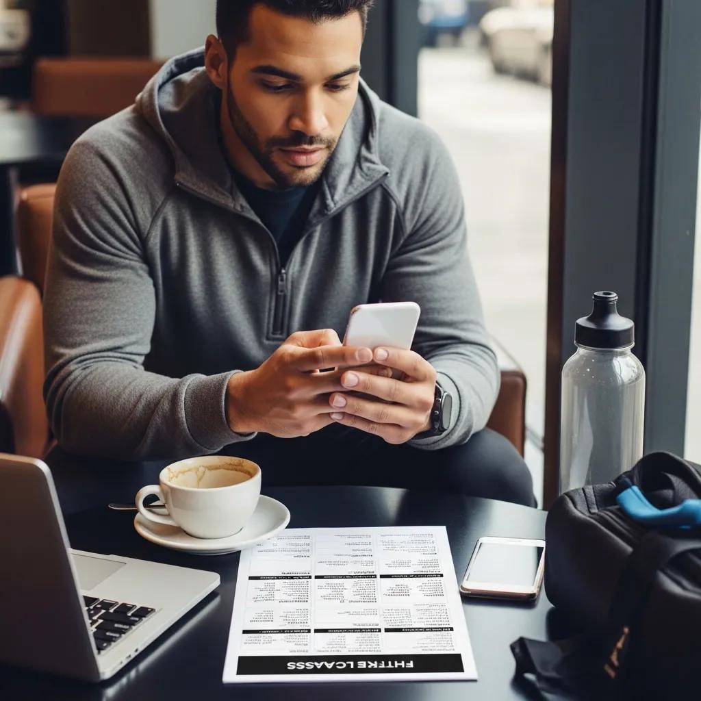 Busy New Yorker selecting fitness class schedules on a smartphone in a café, illustrating the decision-making process for workouts