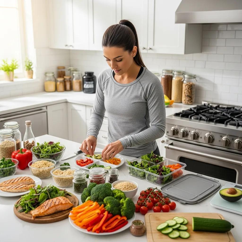 Fitness enthusiast preparing a personalized meal plan with healthy foods in a kitchen