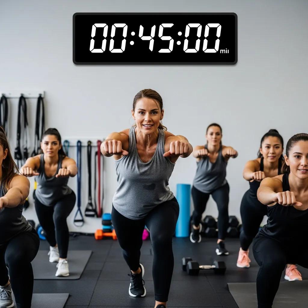 Fitness instructor leading a 60-minute workout class, highlighting structured exercises and participant engagement