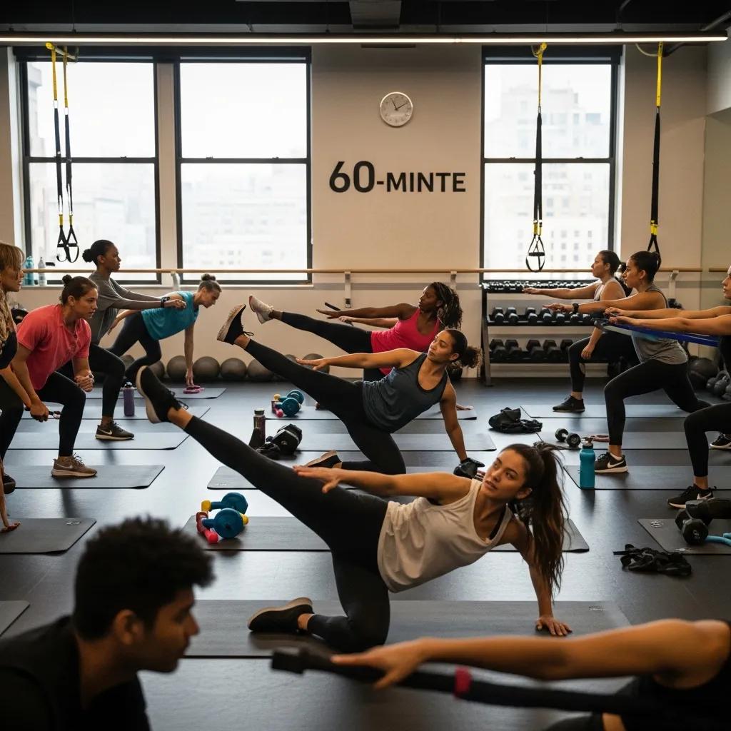 Group of diverse individuals participating in a high-energy 60-minute workout class in a bright fitness studio