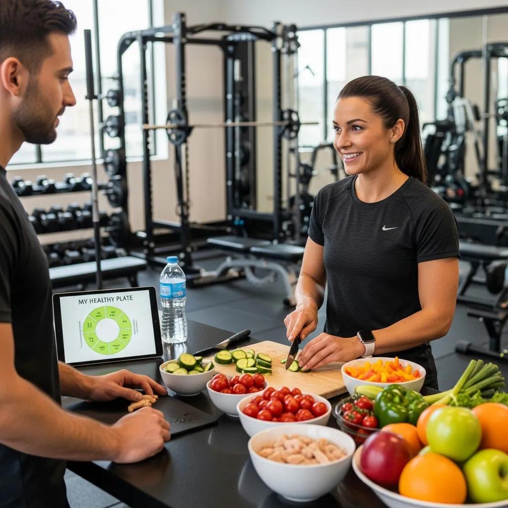 Nutrition coach demonstrating meal prep with fresh ingredients in a fitness environment