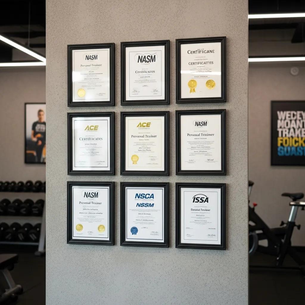 Framed personal trainer certifications on a wall, representing professional qualifications in fitness