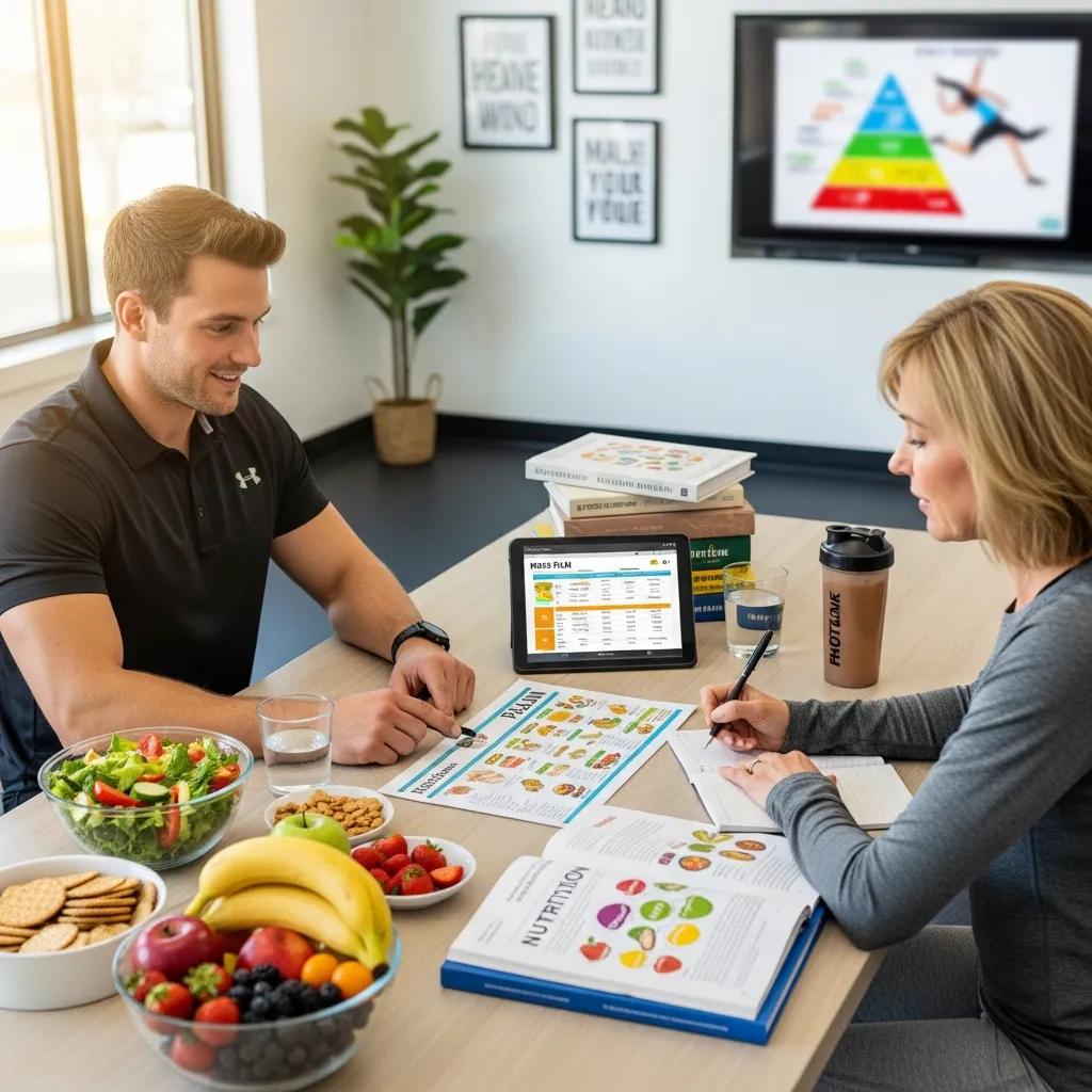 Nutrition coaching session with a trainer and client discussing meal plans