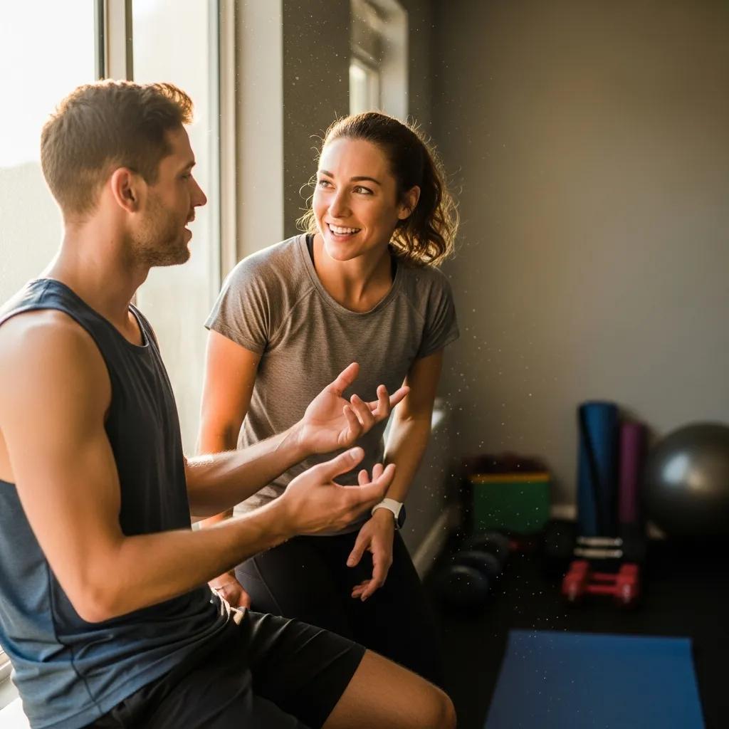 Personal trainer and client communicating effectively during a training session, highlighting trust in fitness