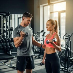 Personal trainer assisting a client in a gym, highlighting the benefits of personalized fitness coaching