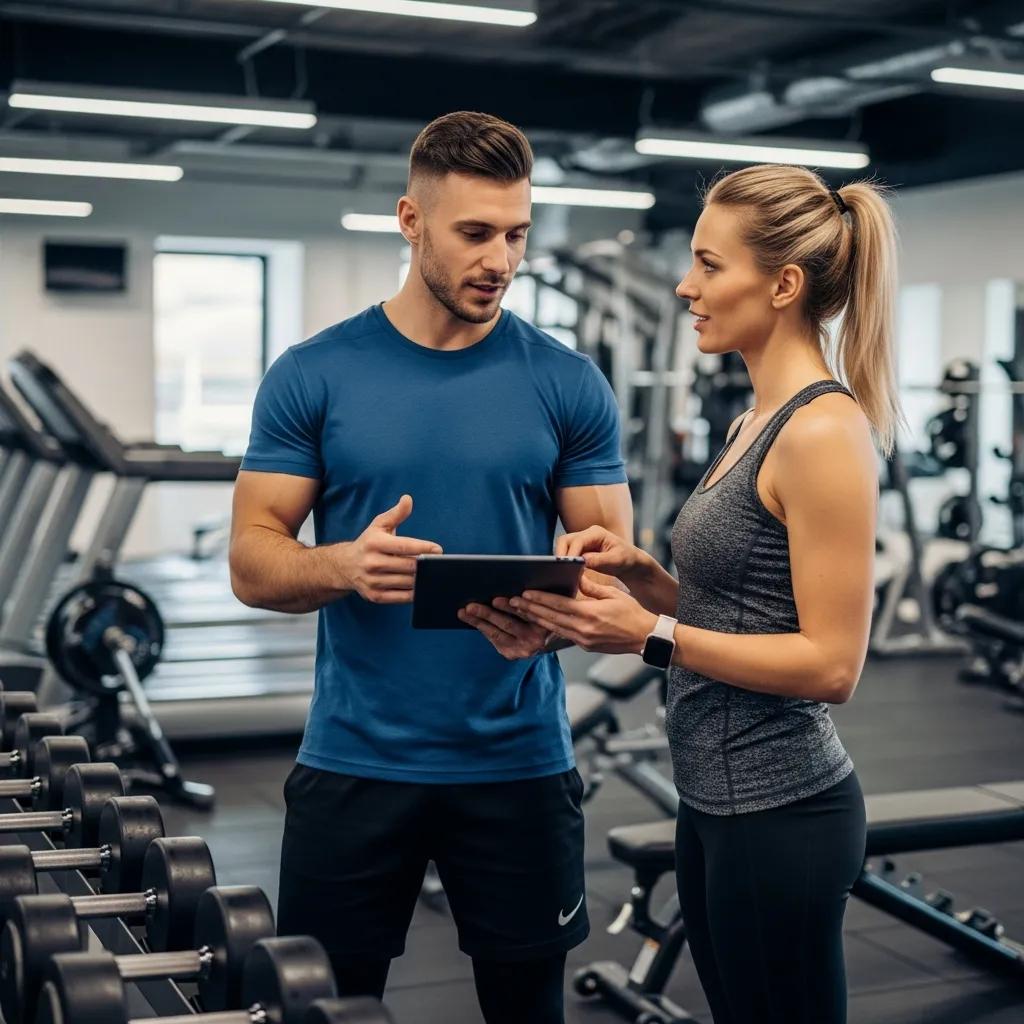 Personal trainer discussing a tailored workout plan with a client in a gym setting