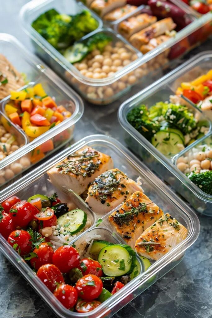 Well-organized meal prep containers with balanced portions of proteins, vegetables, and grains, illustrating effective fat loss meal planning