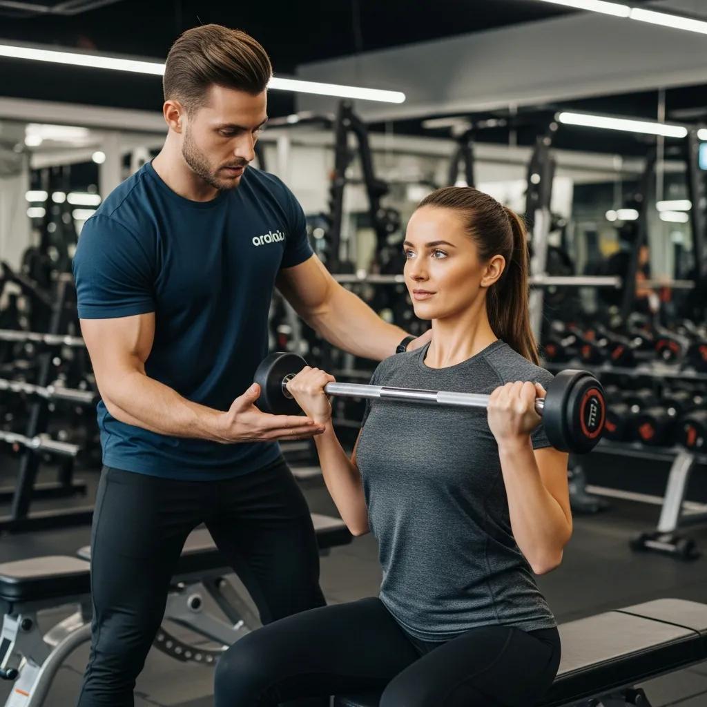 Fitness coach guiding a client through a personalized workout in a gym, emphasizing the role of coaching in weight management