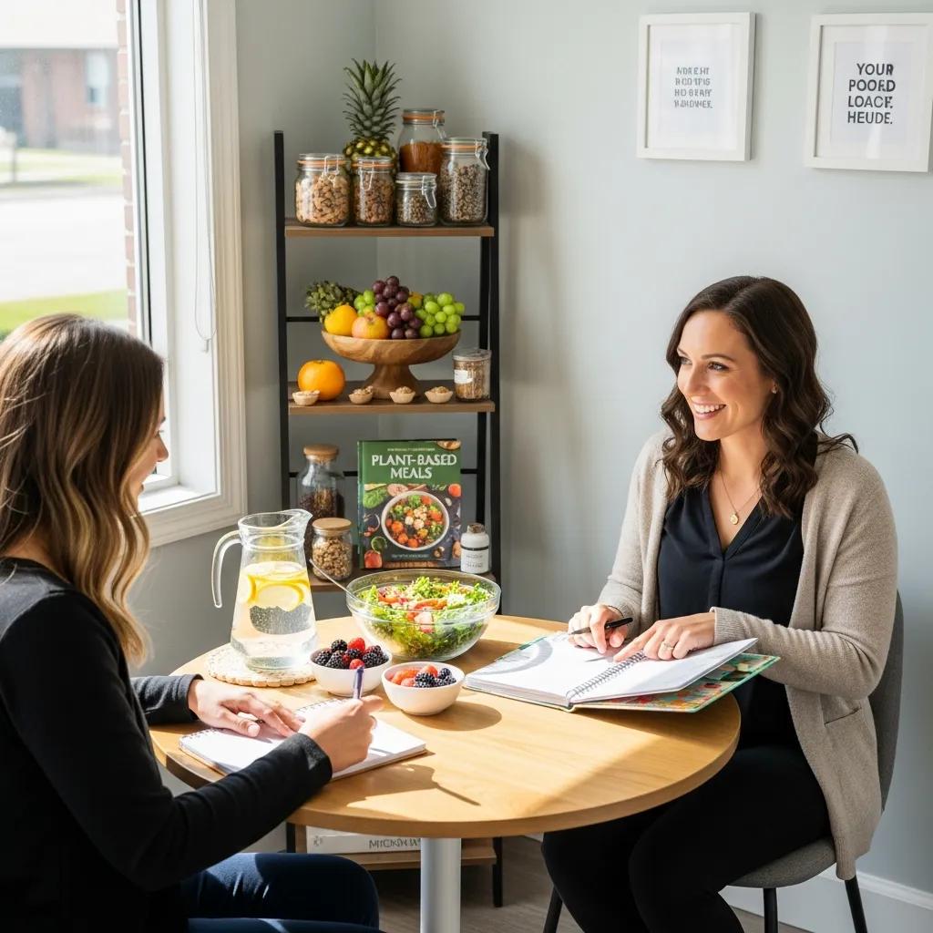 Nutrition coach discussing meal plans with a client in a warm, inviting environment, emphasizing personalized nutrition support
