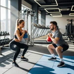 Personal fitness coach training a client in a modern gym, emphasizing personalized coaching benefits