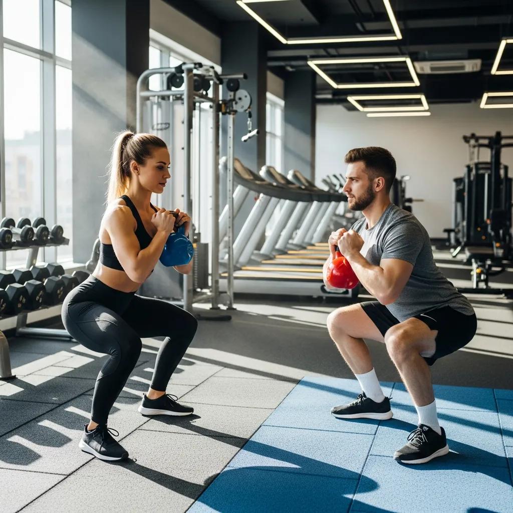Personal fitness coach training a client in a modern gym, emphasizing personalized coaching benefits