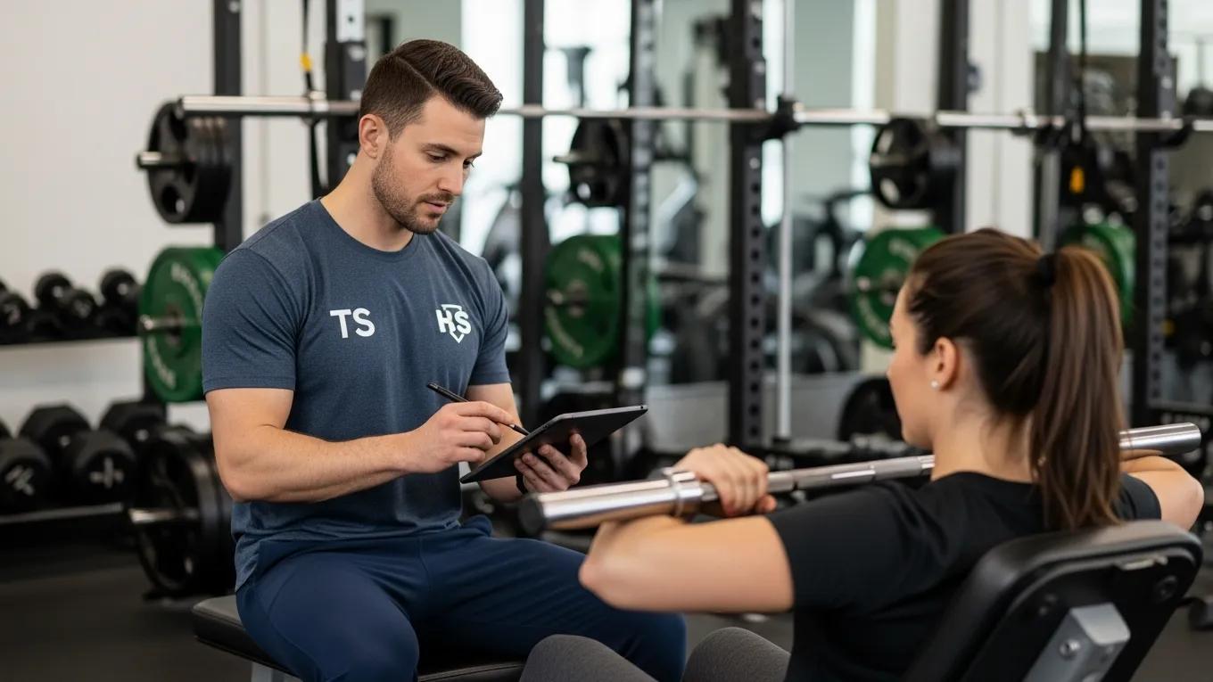 Certified personal trainer conducting a fitness assessment with a client, showcasing expertise at TS Fitness NYC