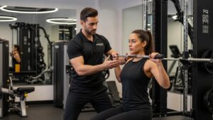 Personal trainer assisting a client in a modern gym, emphasizing personalized fitness training in Yorkville