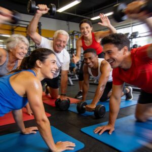 Diverse individuals participating in a dynamic small group fitness training session in a bright gym setting.